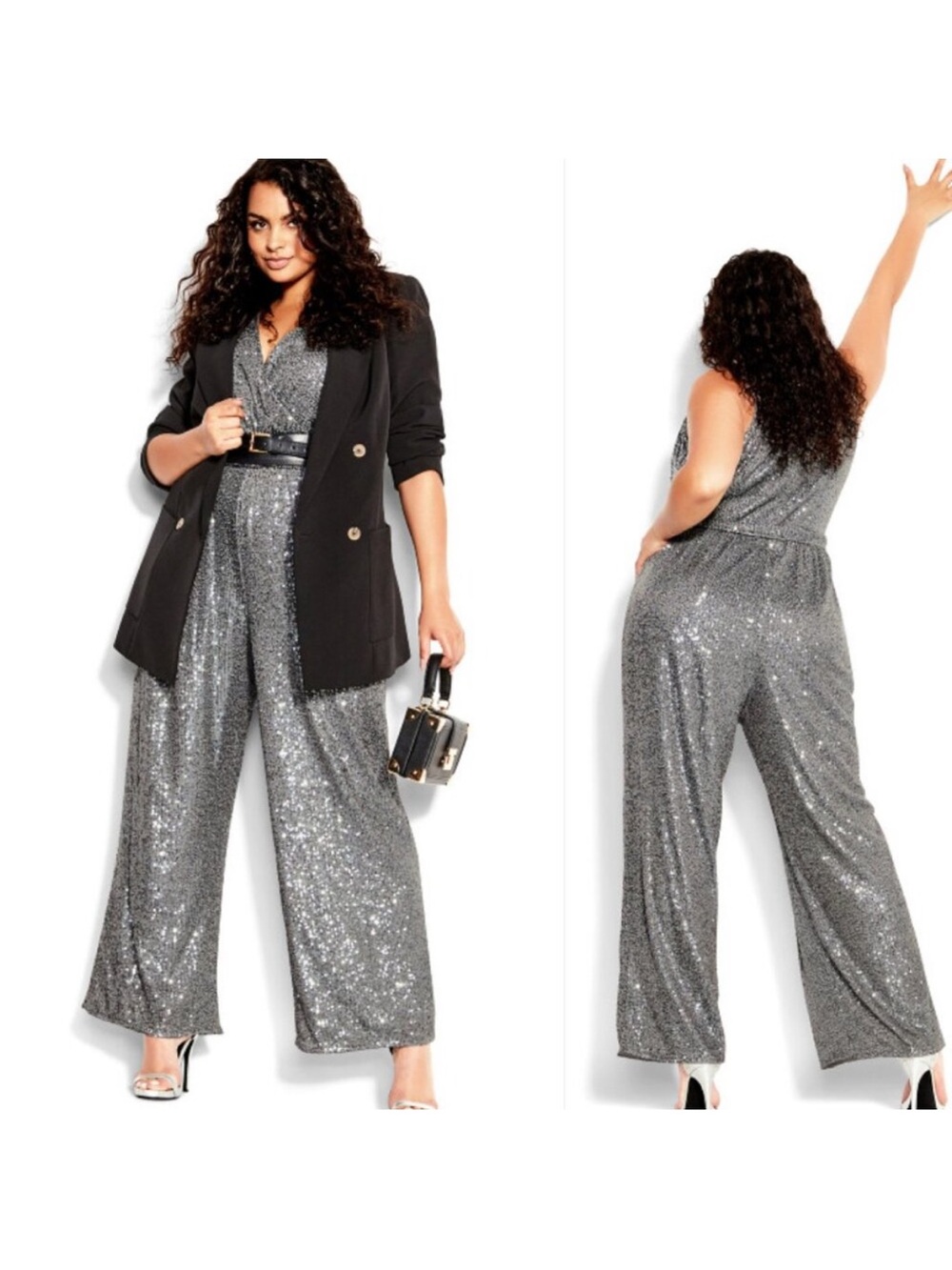 City Chic Gunmetal Sequin Wide Leg Jumpsuit Size 16 NWT - Picture 2 of 4